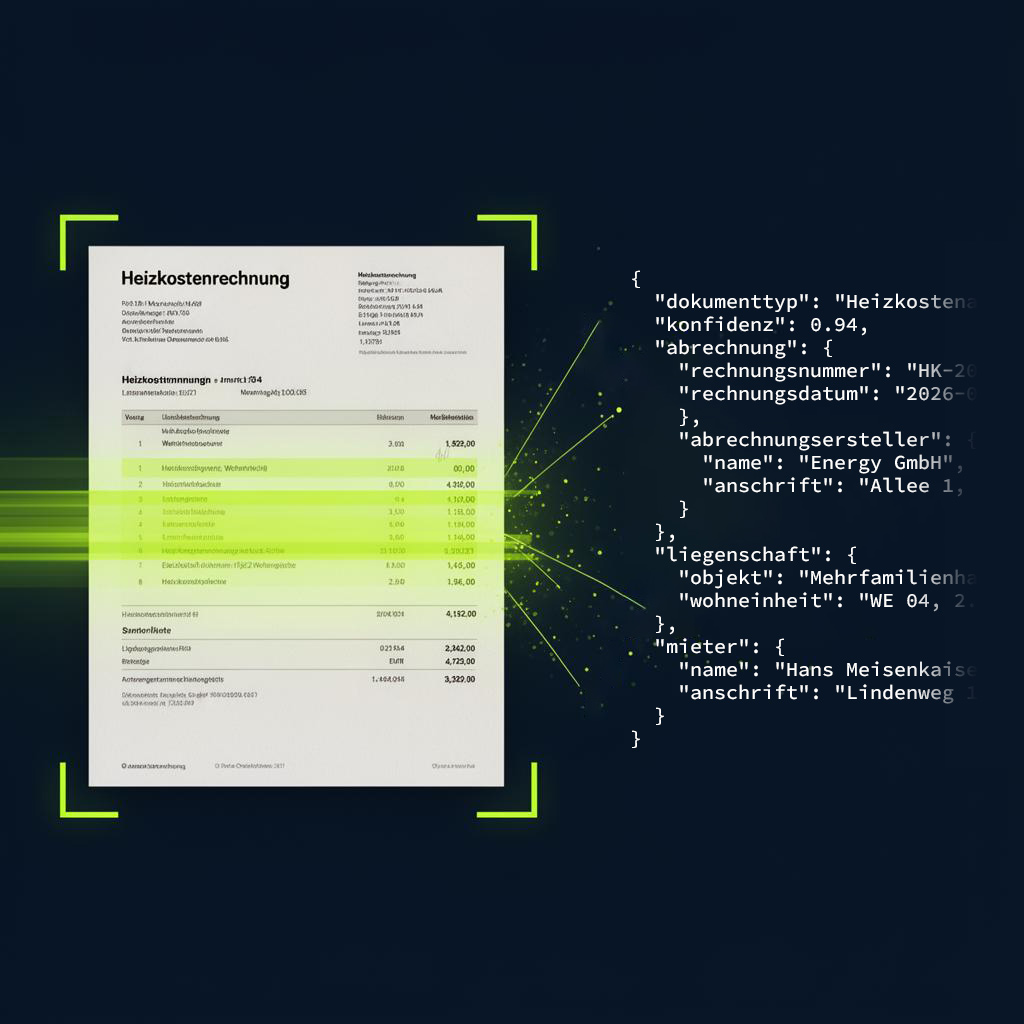 KI extrahiert Daten aus einer deutschen Heizkostenrechnung in strukturiertes JSON